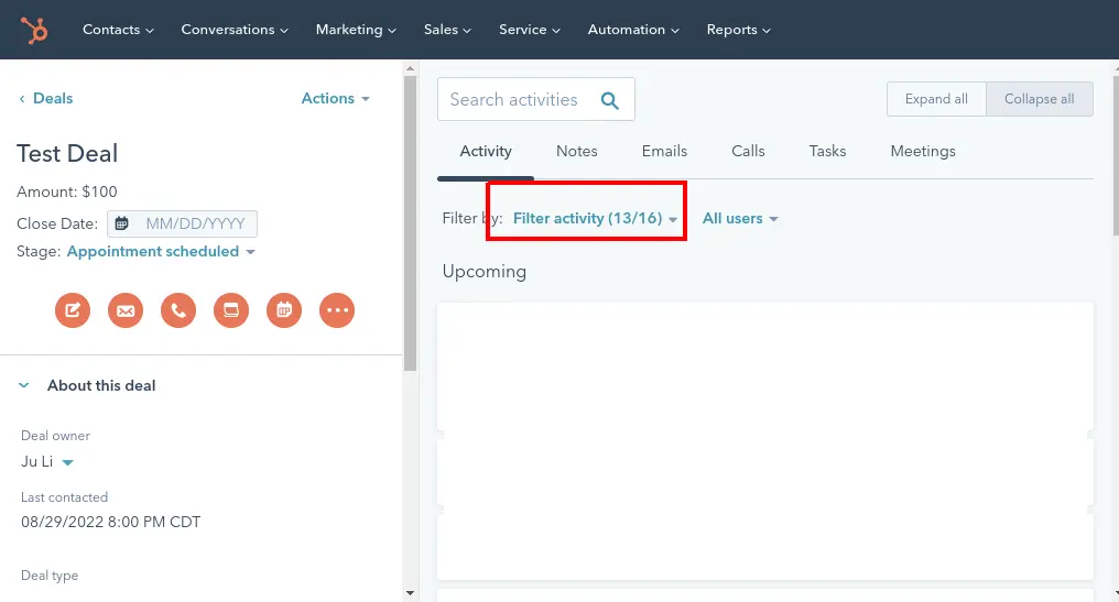 Open Hubspot timeline filter